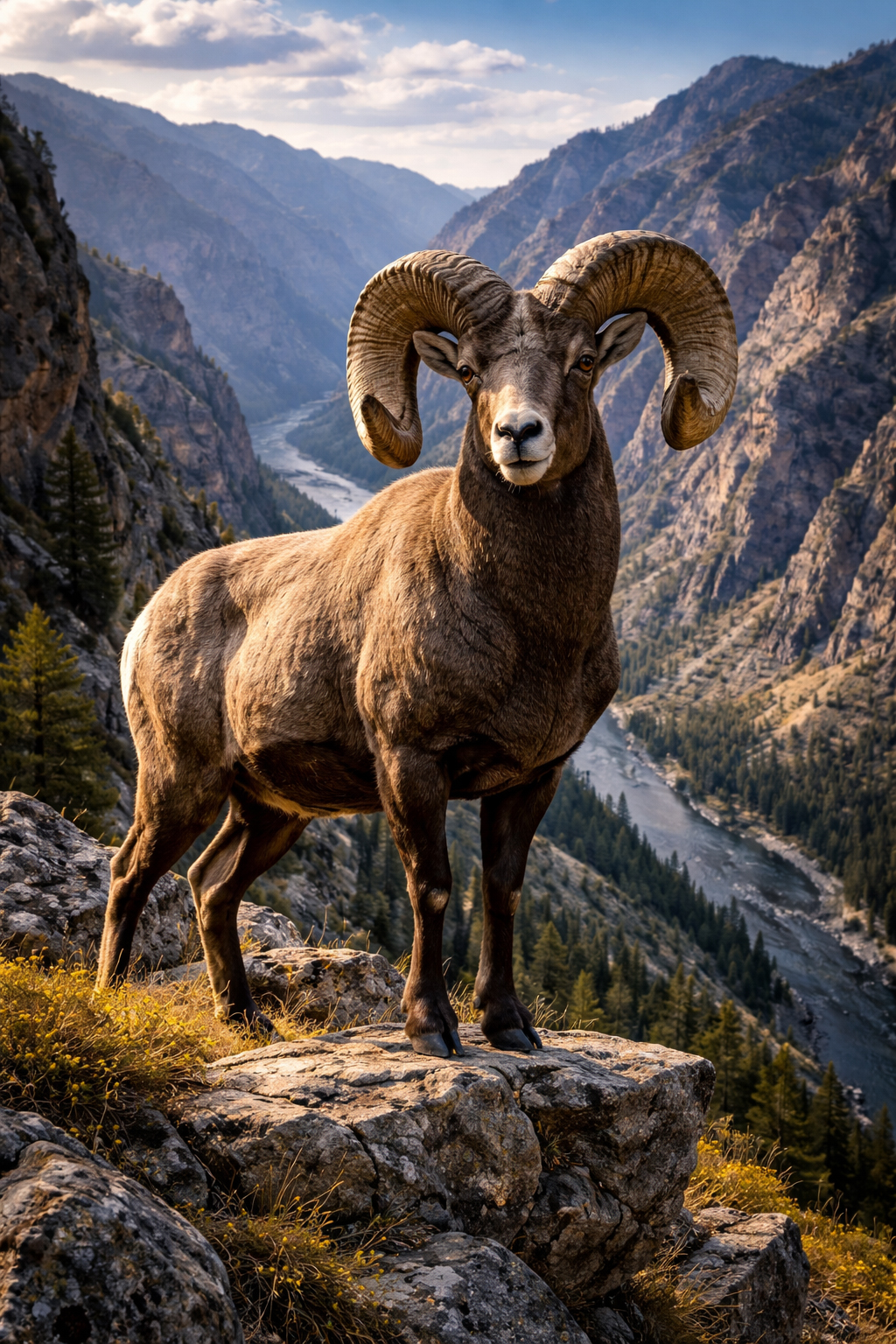 A bighorn sheep standing on a rocky ledge above an Idaho canyon.