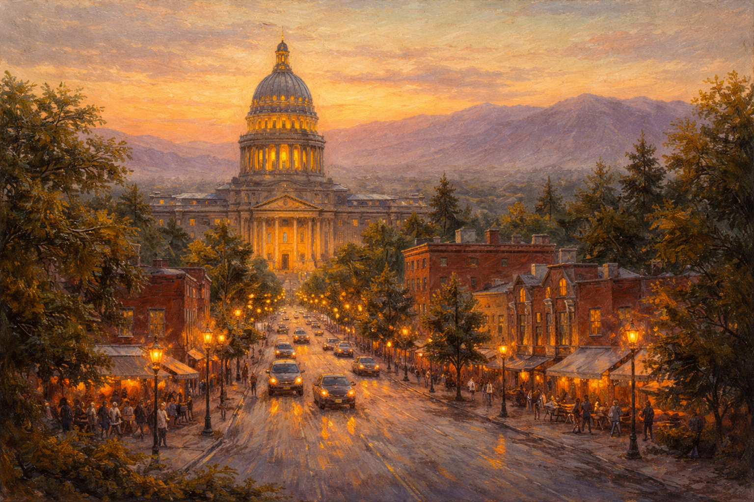 A Boise evening city scene rendered in the style of John Hafen.