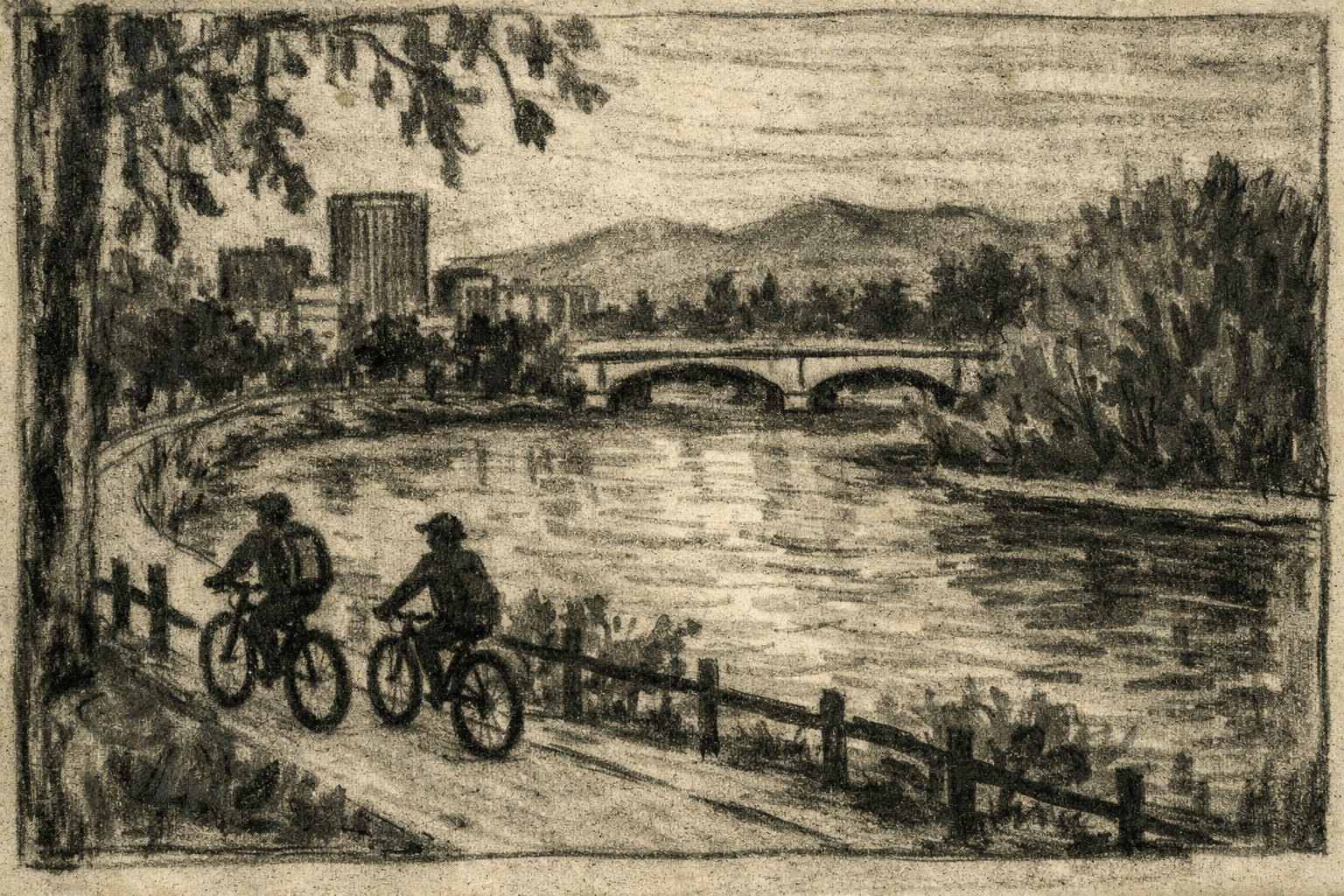 A Boise Greenbelt scene rendered in the style of James Castle.