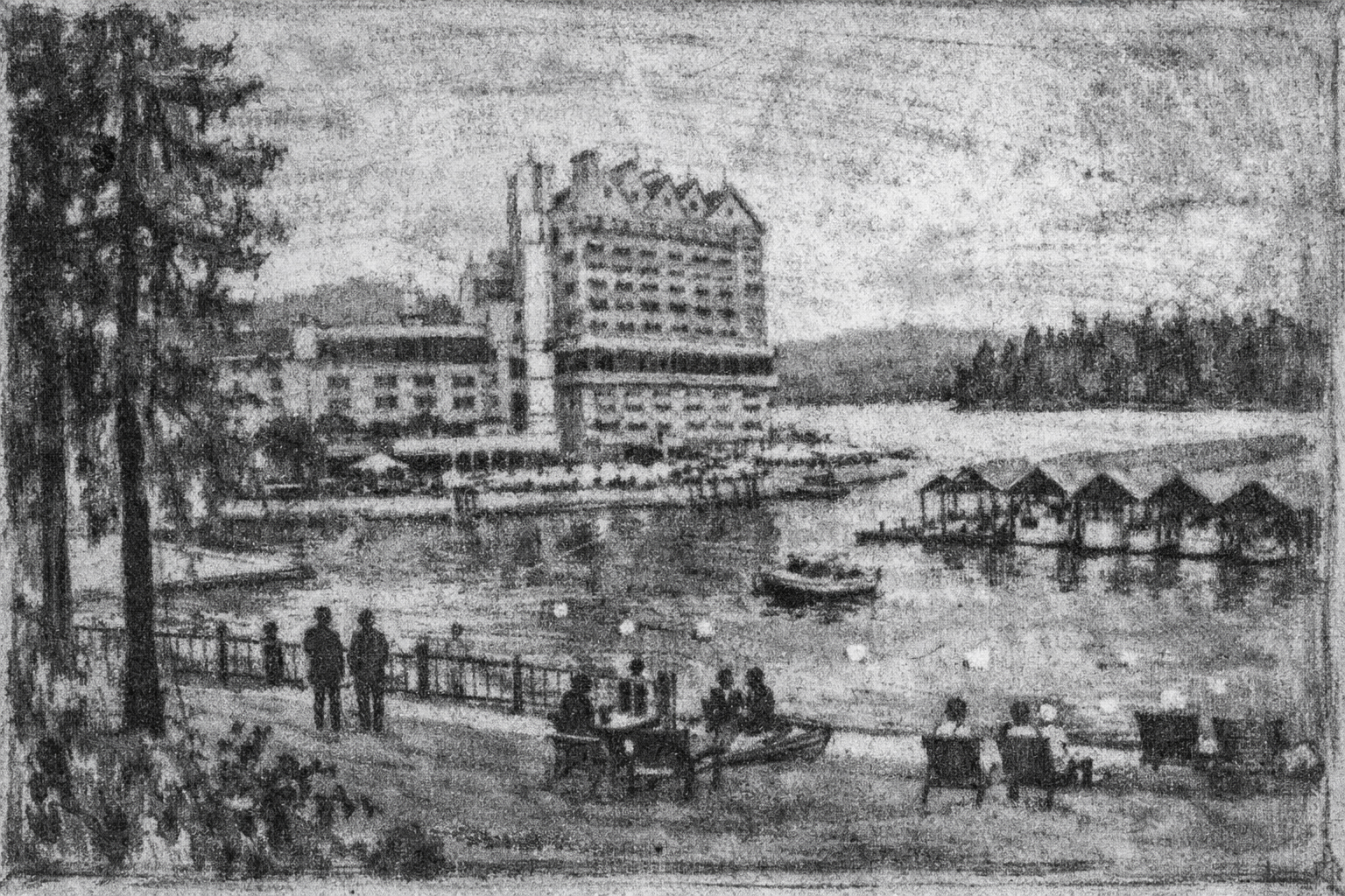 A Coeur d'Alene lakeside image rendered in the style of James Castle.