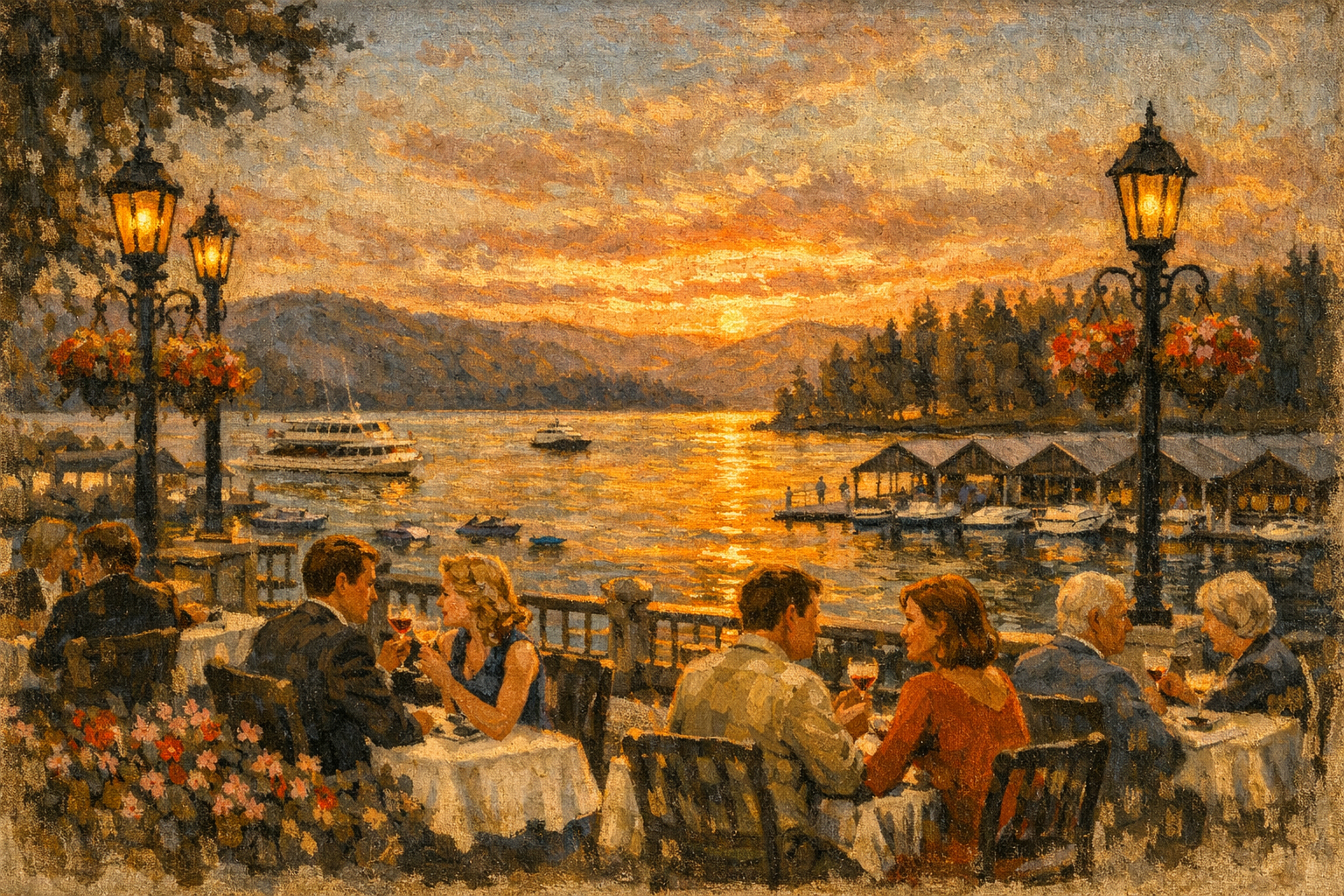 A Coeur d'Alene lakeside scene rendered in the style of Charles Ostner.