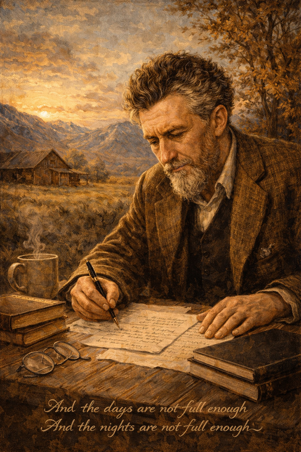 Ezra Pound in a rural Idaho setting, editorial illustration in the style of Charles Ostner.
