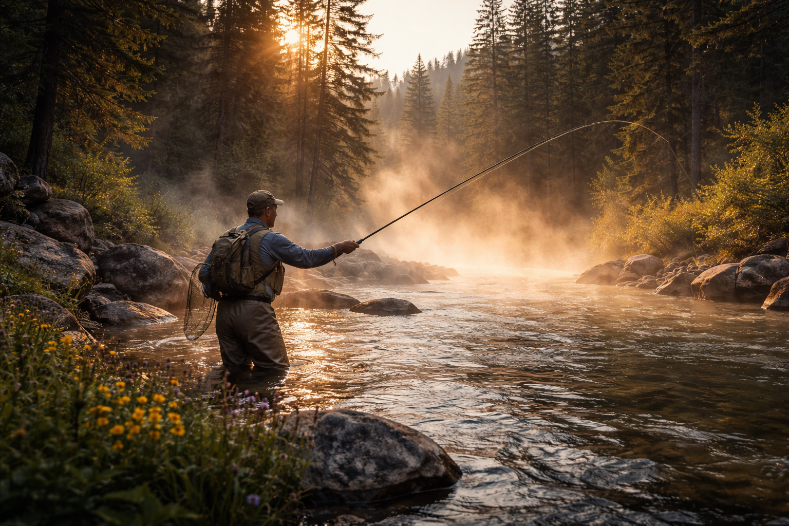 Fly-fishing on a misty Idaho river at dawn.