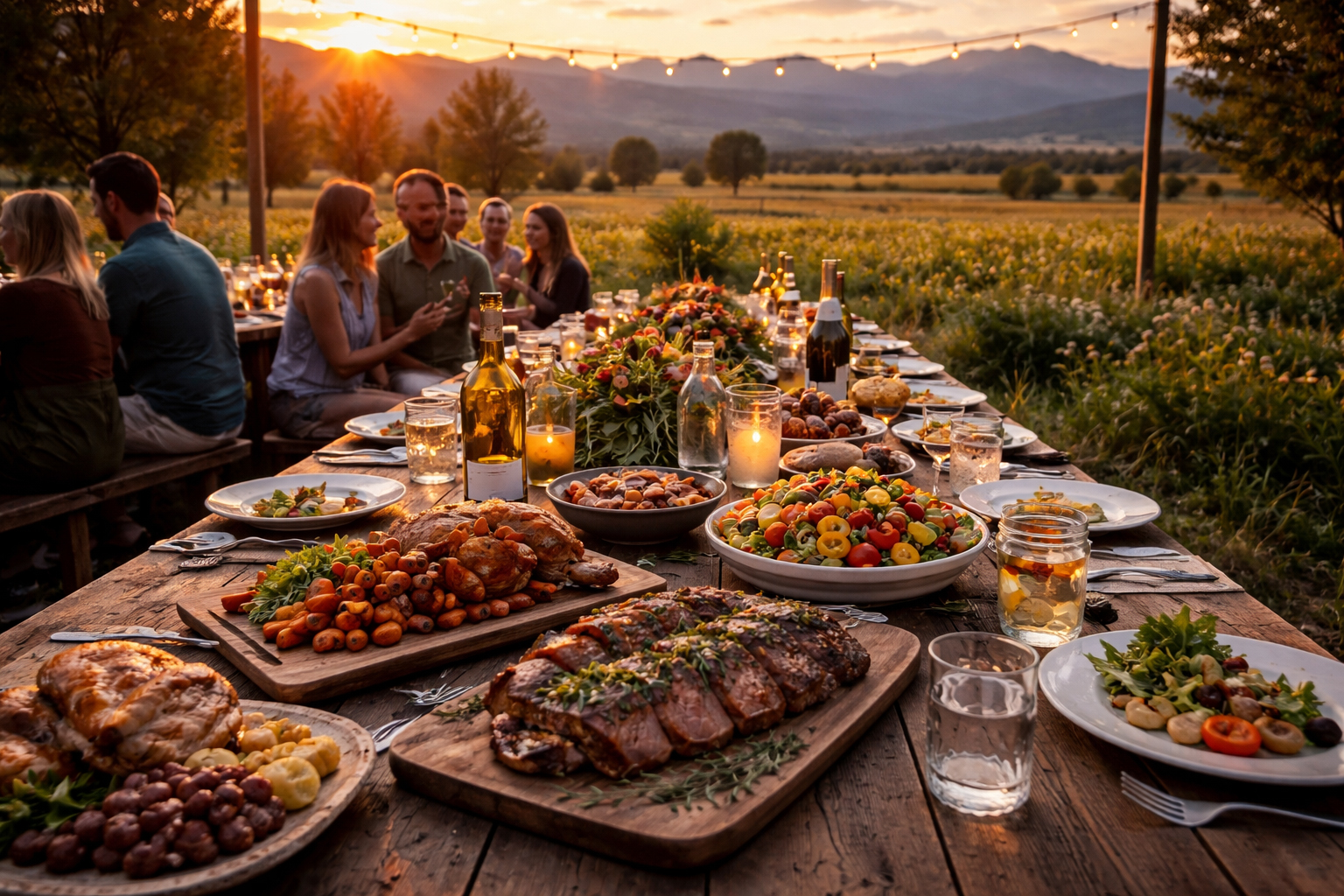 An Idaho farm-to-table dinner outdoors at sunset.