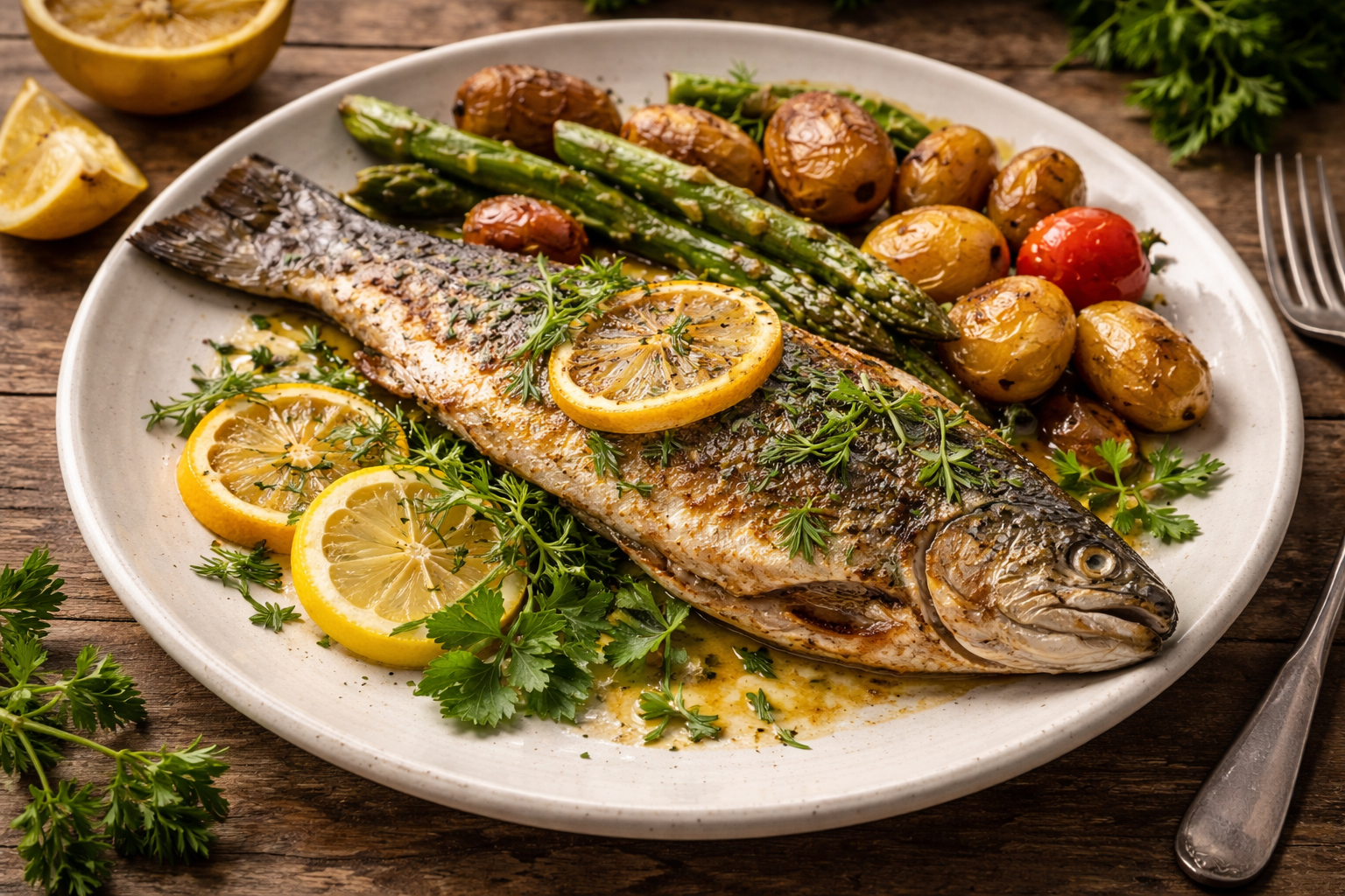 A plated trout dish with lemon and herbs.