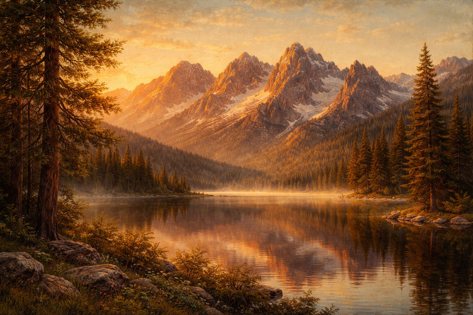 Sunrise over Idaho mountains in an editorial image in the style of Charles Ostner.