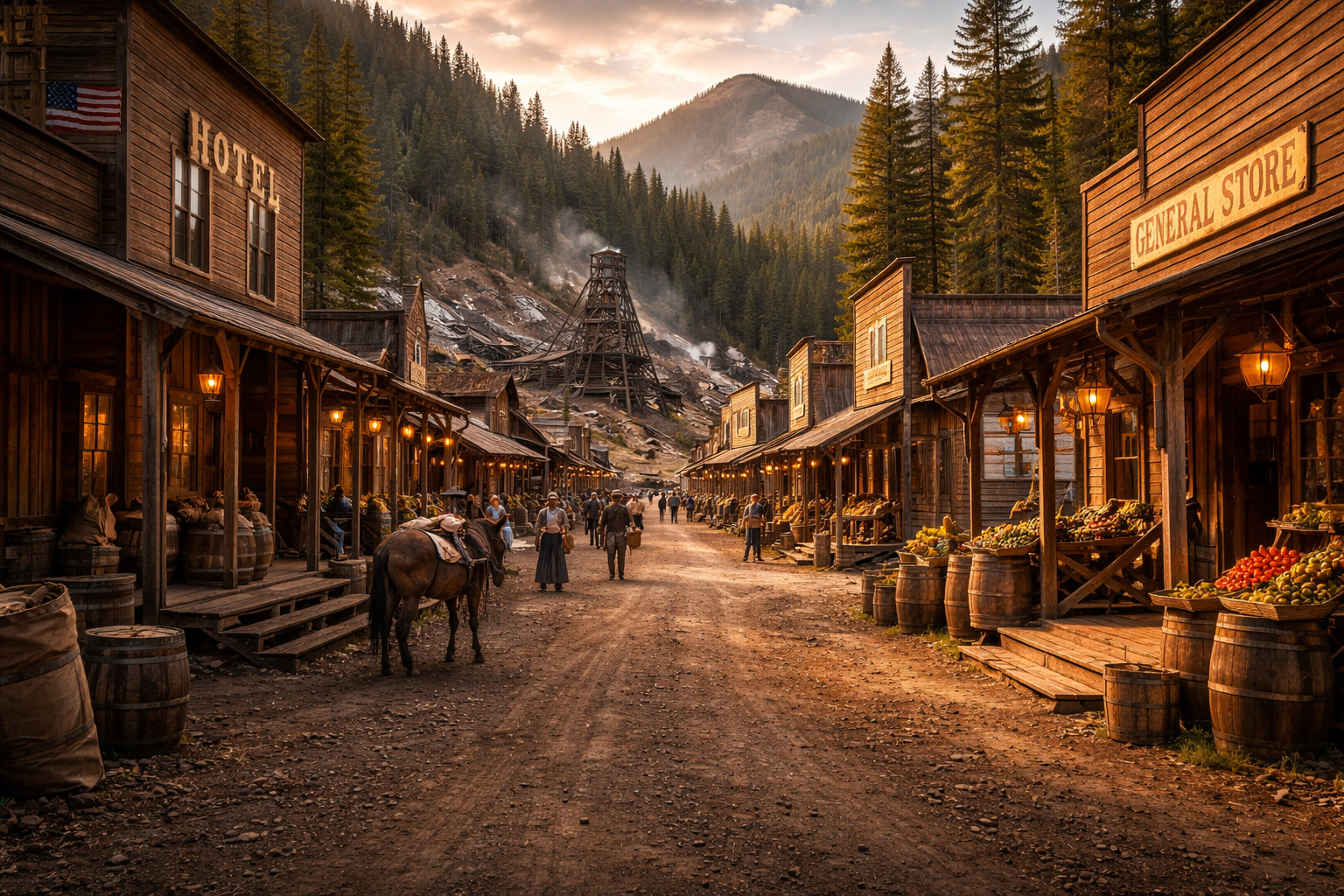 A historic Idaho mining town street at golden hour.