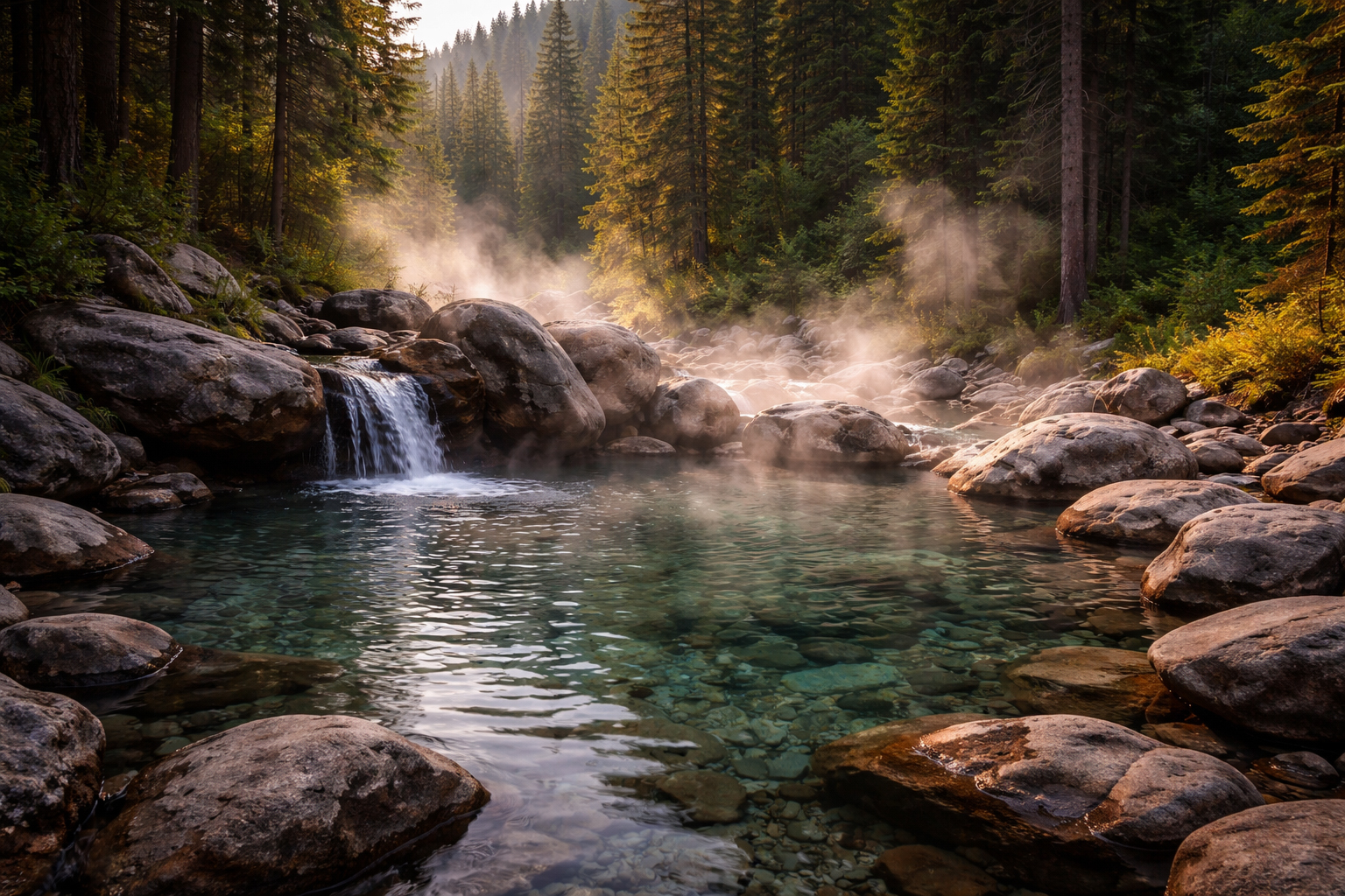 Steam rising from an Idaho hot spring in a forest setting.