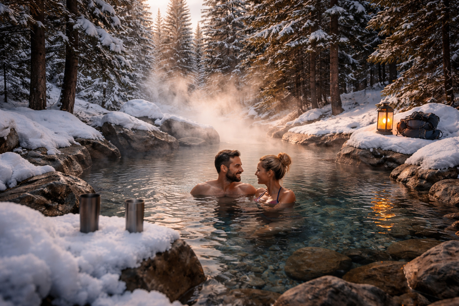 An Idaho hot spring surrounded by snow in winter.