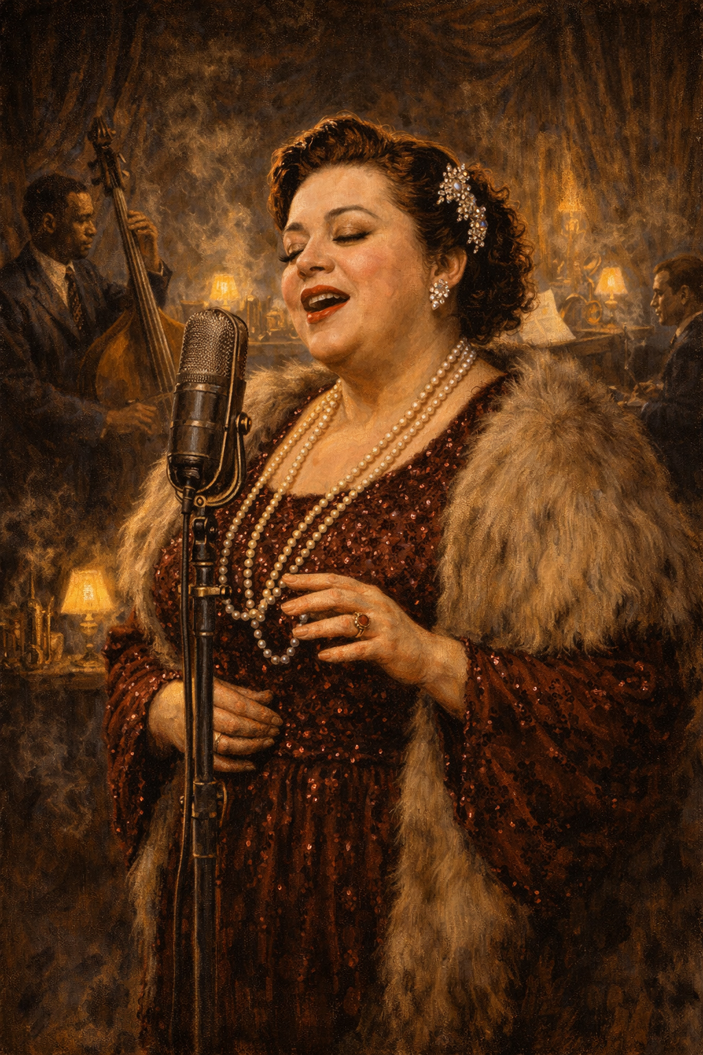 Mildred Bailey performing in an editorial illustration in the style of Charles Ostner.