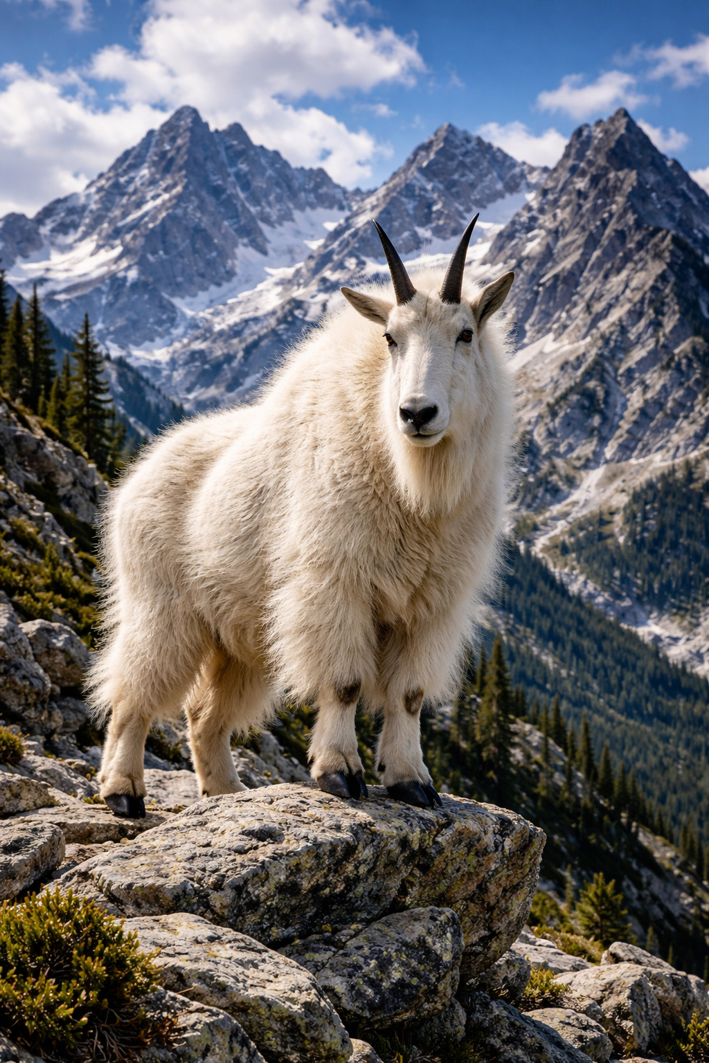 A mountain goat standing high on an alpine ridge in Idaho.