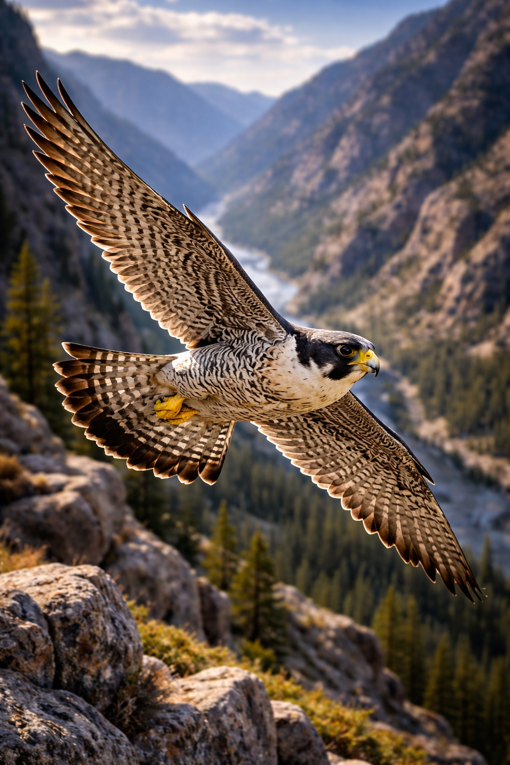 A peregrine falcon in flight above an Idaho canyon.