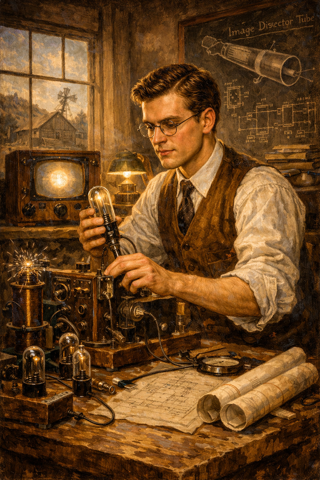 Philo Farnsworth as a young inventor, editorial illustration in the style of Charles Ostner.