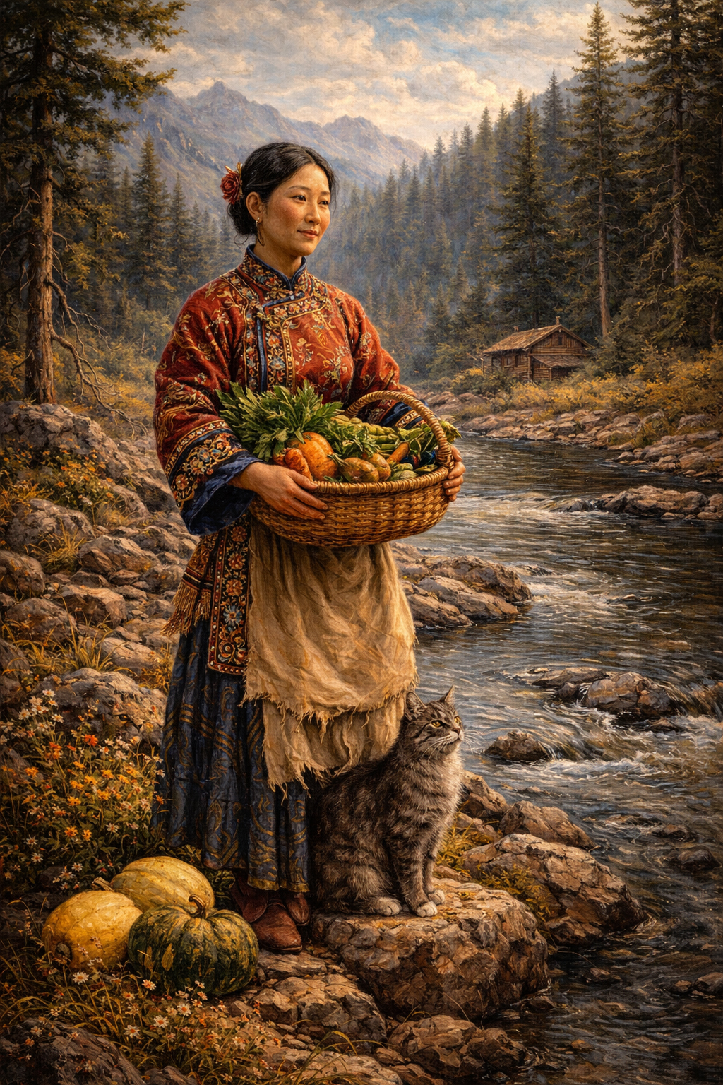 Polly Bemis by an Idaho river in an editorial illustration in the style of Charles Ostner.