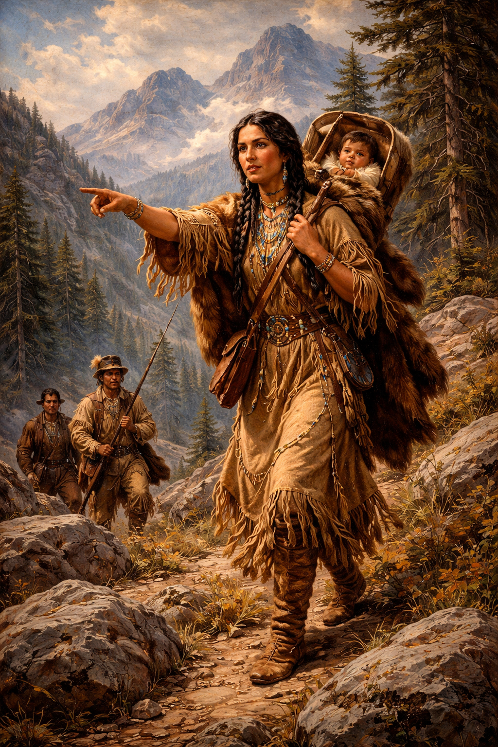 Sacajawea in an editorial illustration in the style of Charles Ostner.