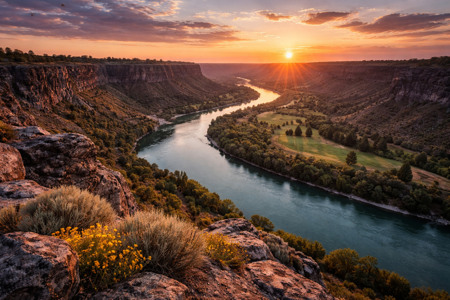 A sweeping overlook above the Snake River Canyon in Twin Falls, Idaho.