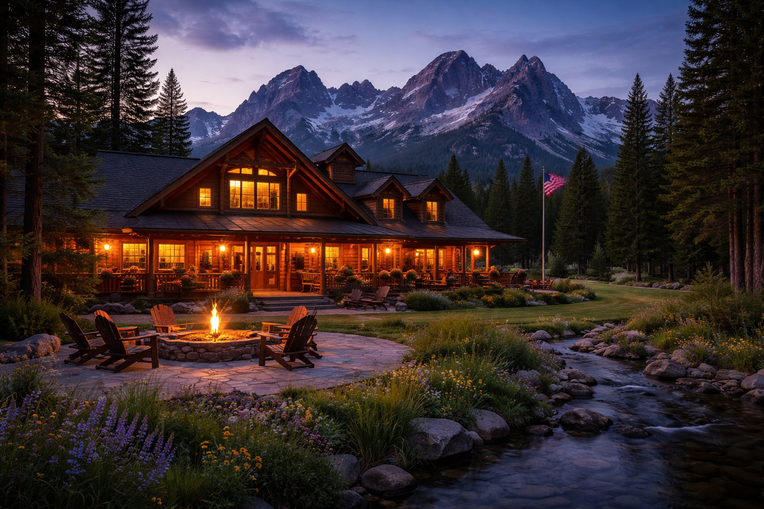 A lodge in Stanley, Idaho at twilight.