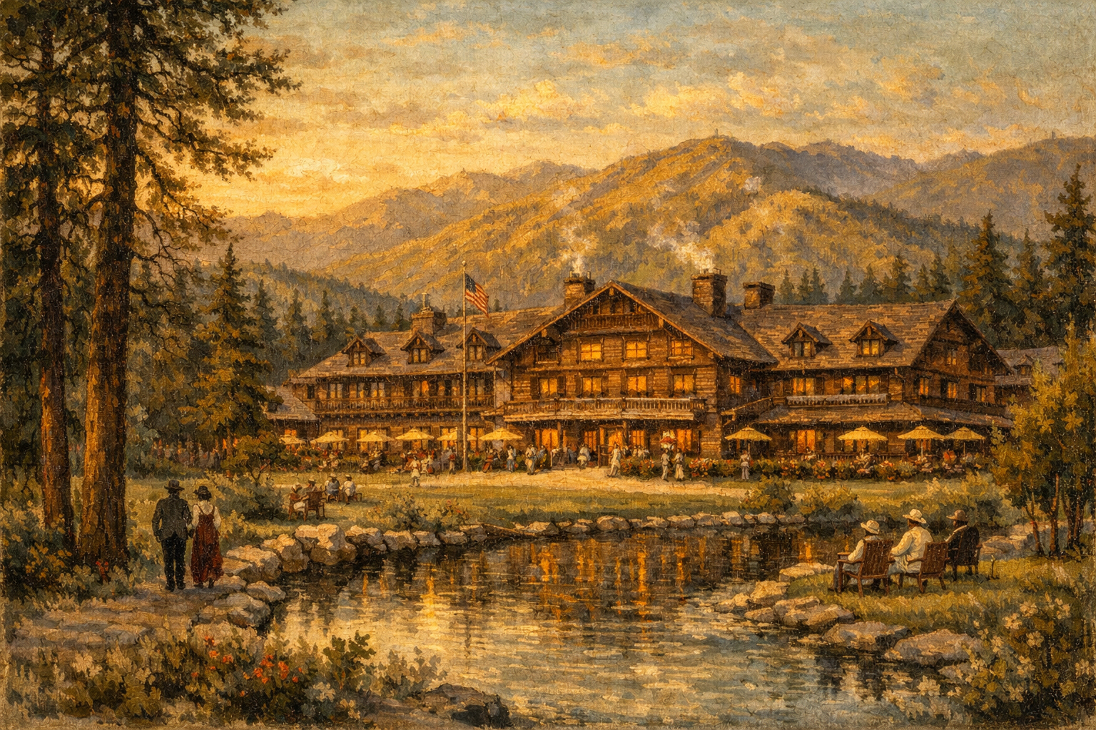 Sun Valley Lodge exterior in an editorial illustration in the style of Charles Ostner.