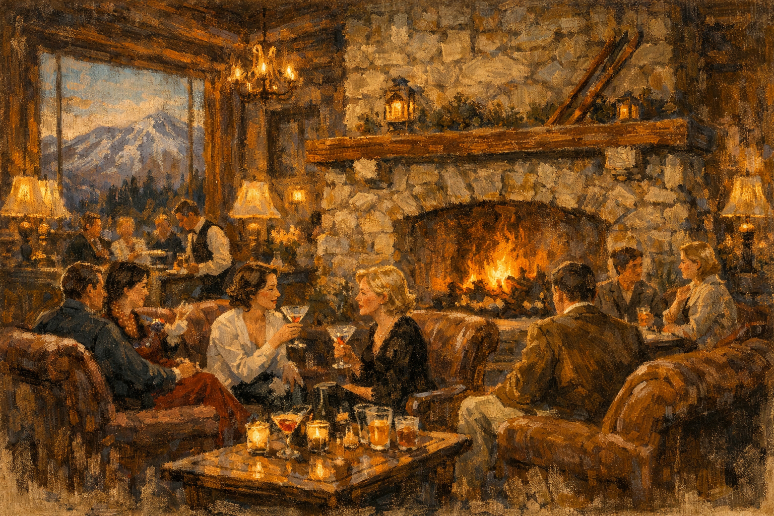 An intimate Sun Valley interior rendered in the style of John Hafen.