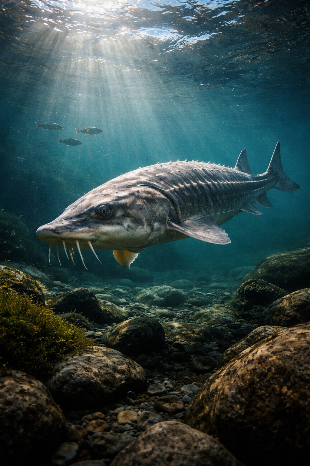 A giant white sturgeon gliding through deep river water in Idaho.