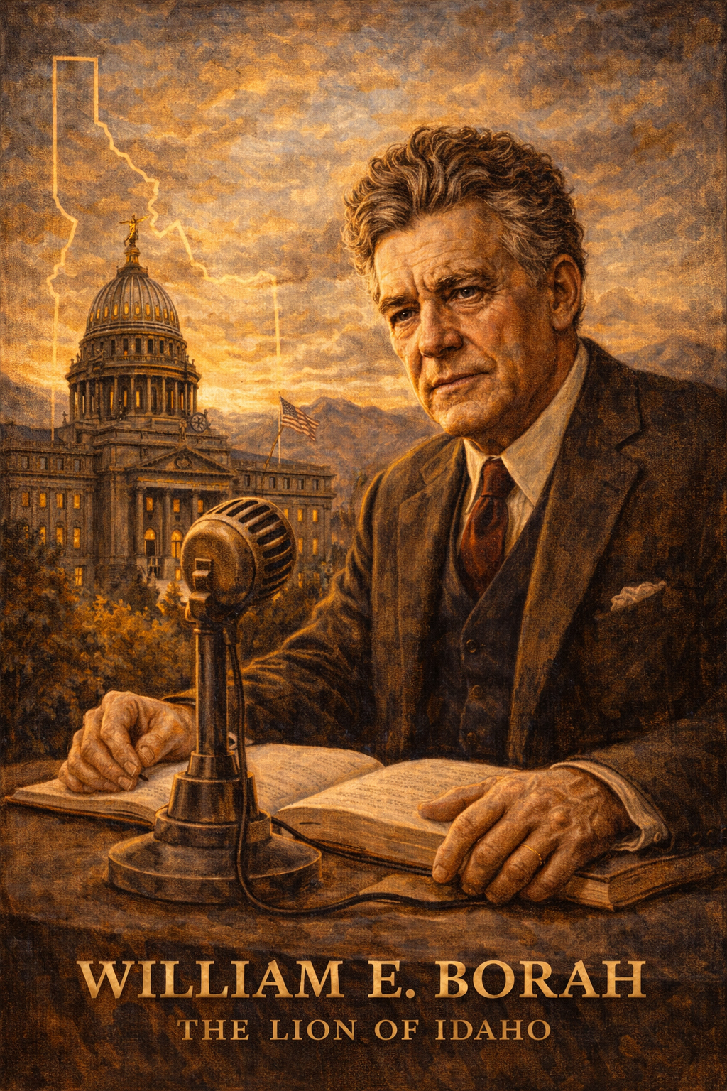 William E. Borah portrayed in the style of Charles Ostner.