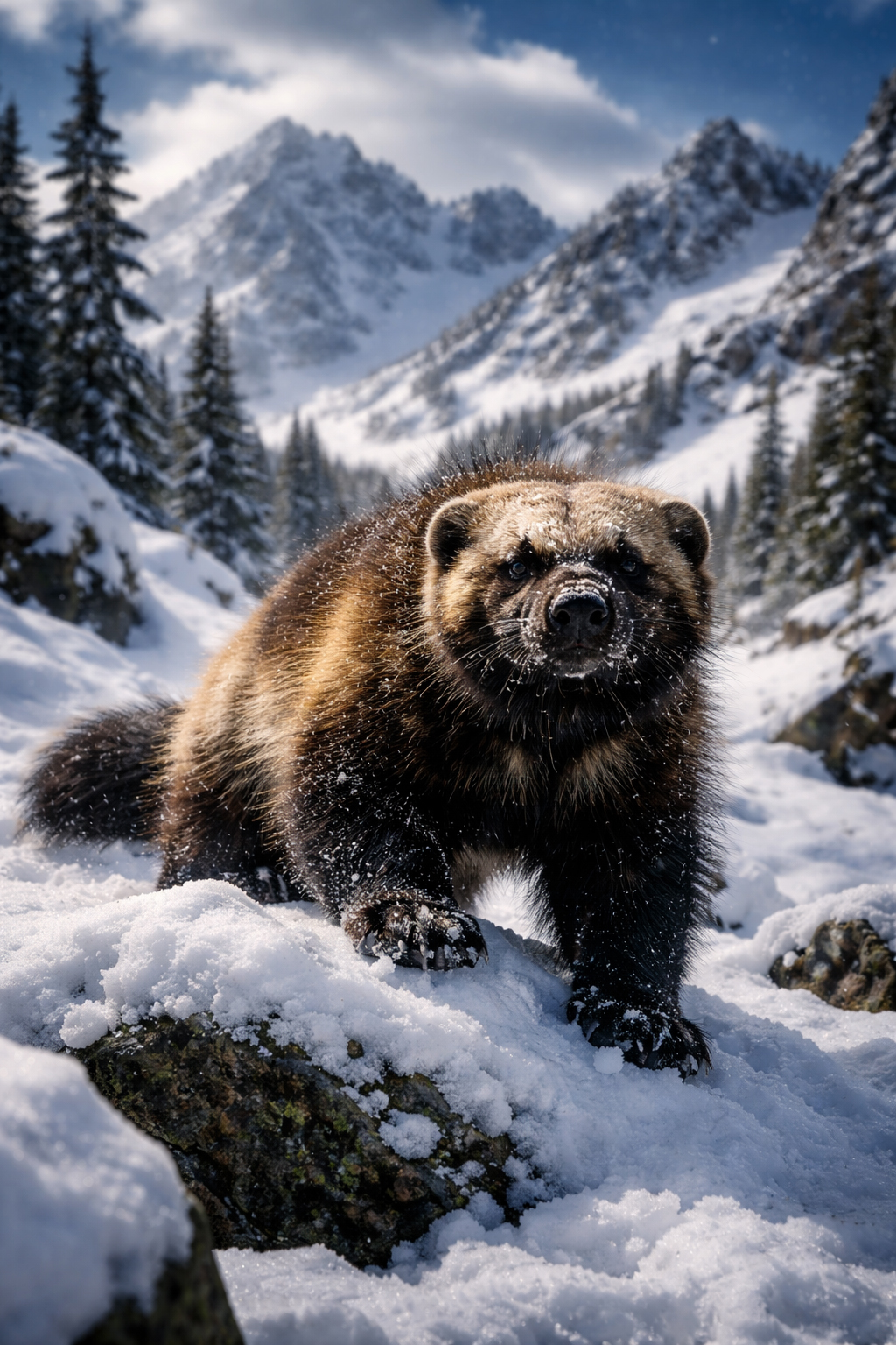 A wolverine standing in snowy mountain terrain in Idaho.